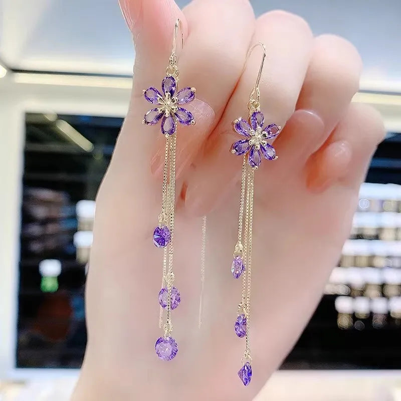 Pendientes Largos de Borla de Circonita Brillante de Lujo