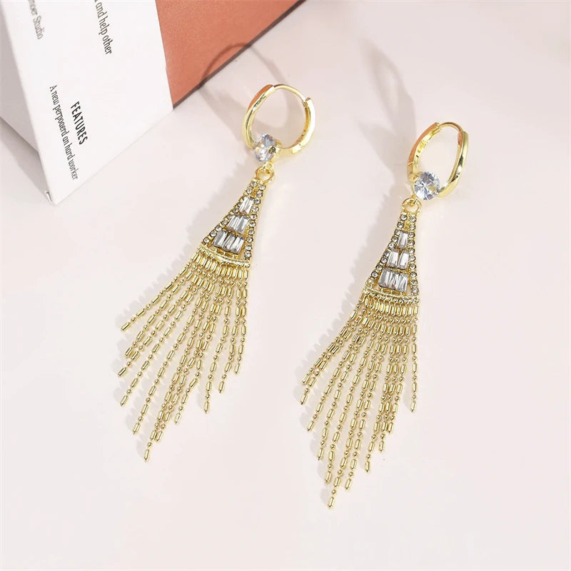 Pendientes Largos de Borla de Circonita Brillante de Lujo